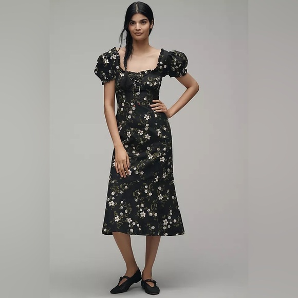 MAEVE LINEN BLEND PUFF-SLEEVE SWEETHEART MIDI DRESS NWT - Picture 1 of 12